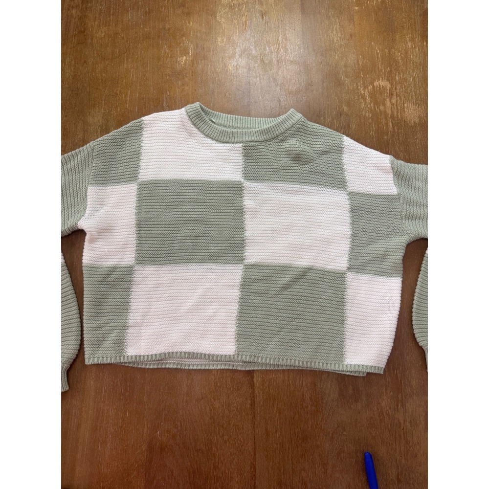 Moon & Madison Sage Green White Checkered Cropped Knit Sweater XS New